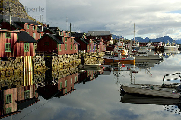 Rot angemalte Holzhäuser Rorbuer spiegeln sich im Wasser Stamsund Vestvagöya Lofoten Norwegen Holzhäuser