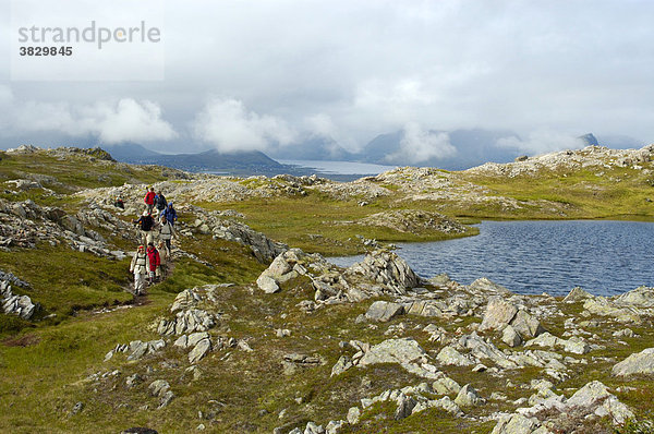 MR Wandergruppe auf dem Pfad durch das Hochfjell Vestvagöya Lofoten Norwegen