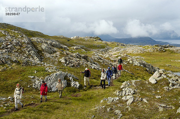 MR Wandergruppe auf dem Pfad durch das Hochfjell Vestvagöya Lofoten Norwegen