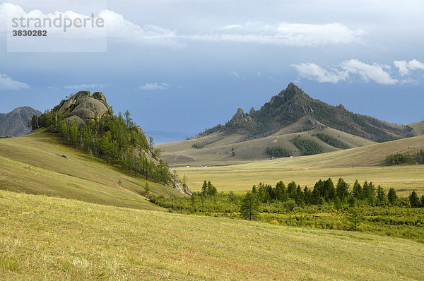 Weite Landschaft mit Grasland Wäldchen und markantem Berg Terelij Nationalpark Mongolei