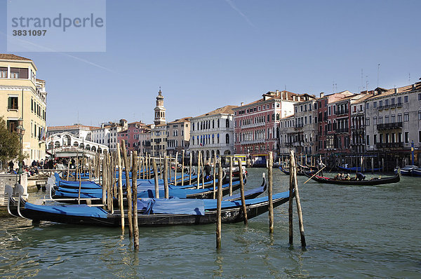 Blau zugedeckte Gondeln am Canale Grande mit Rialto Brücke im Hintergrund in Venedig Italien