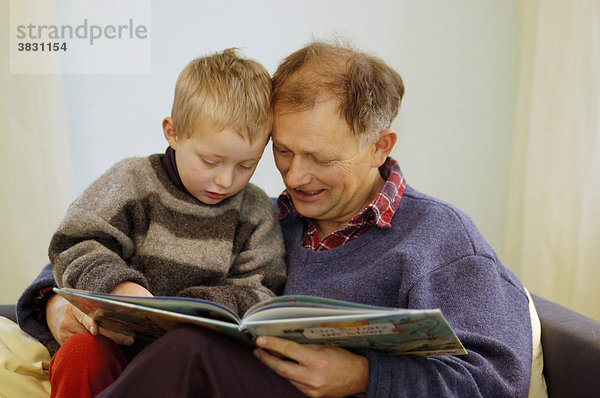 Kleiner fünf Jahre alter Junge bekommt von seinem Vater aus einem Bilderbuch vorgelesen