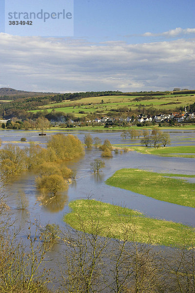 Frühjahrshochwasser im Lahntal mit überschwemmten Wiesen und Weiden  Hessen  Deutschland