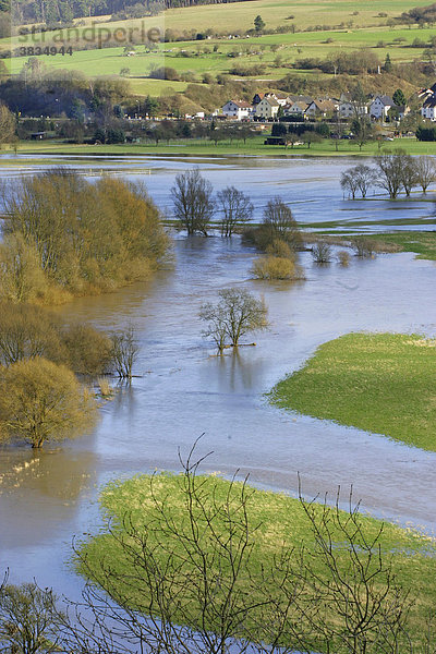 Frühjahrshochwasser im Lahntal mit überschwemmten Wiesen und Weiden  Hessen  Deutschland