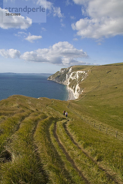 Zwei Wanderer steigen grasbewachsenen Hügel hinauf  in der Nähe der Kreidefelsen  Jurassische Küste  in der Nähe von White Nothe  Dorset  England  Großbritannien  Europa