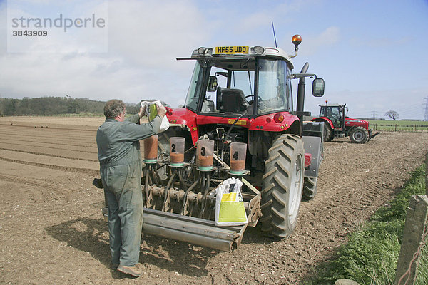 Farmer beim Nachfüllen seiner Sämaschine mit beschichtetem Saatgut für Spinat  Dorset  England  Großbritannien  Europa