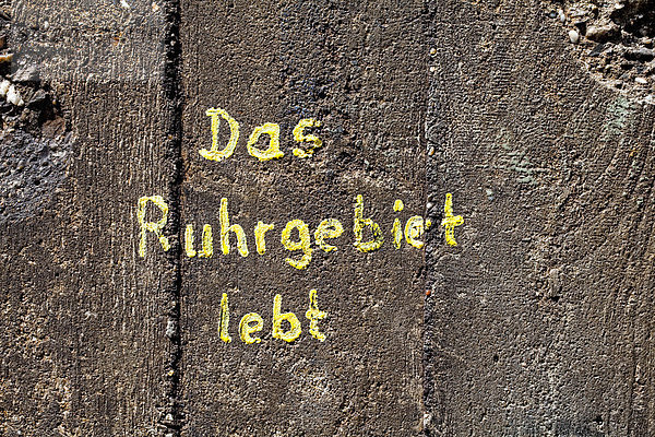 Graffiti auf einer alten Betonwand: Das Ruhrgebiet lebt  Landschaftspark Duisburg-Nord  Duisburg  Nordrhein-Westfalen  Deutschland  Europa