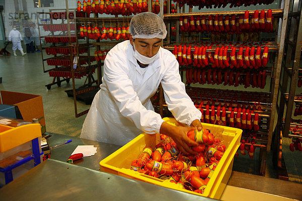 Mann beim Verpacken von Fleischprodukten  Llanquihue  Süd Chile  Südamerika