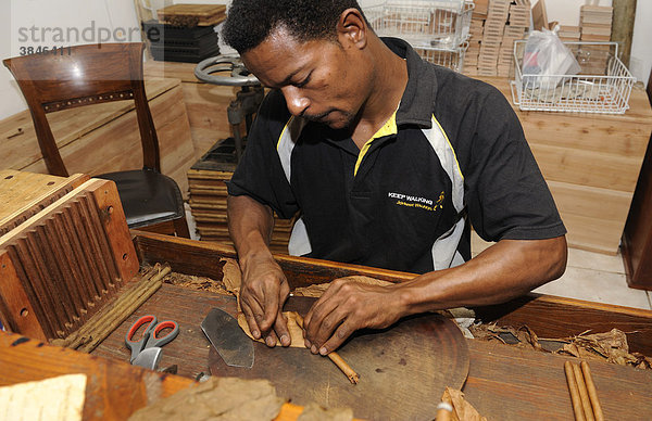 Mann beim Rollen einer Zigarre  Anbringen des Deckblattes  Zigarrenmanufaktur in Punta Cana  Dominikanische Republik  Karibik