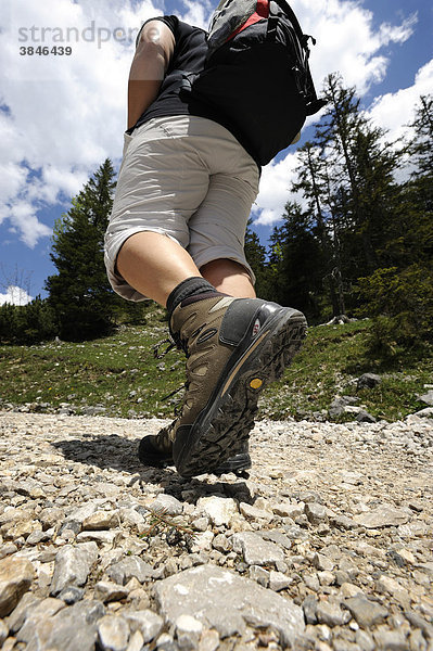 Junge Frau beim Wandern  Aufstieg zum Plumsjoch  Karwendelgebirge  Tirol  Österreich  Europa