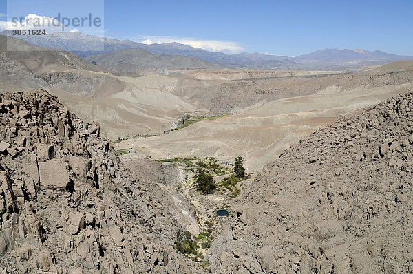 Kleine Oase  Flussoase  Tal  Berge  Trockenheit  Altiplano  Norte Grande  Nordchile  Chile  Südamerika