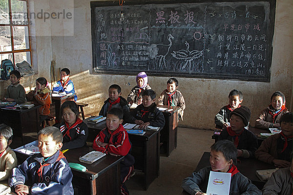 Schulkinder sitzen an Pulten in einem Klassenzimmer  Unterrichtsstunde über den Schutz des Schwarzhalskranichs  Huize  Provinz Yunnan  China  Asien