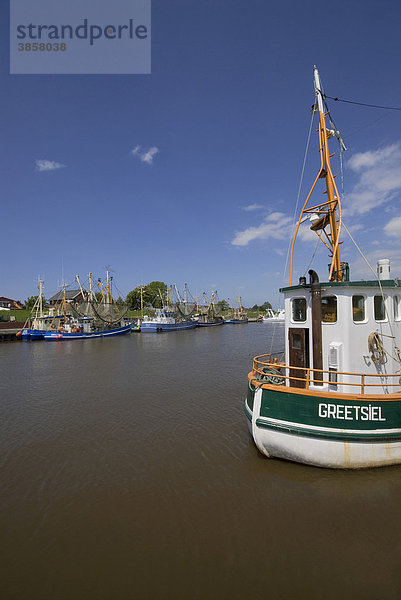 Blick in den Hafen Greetsiel mit Krabbenkuttern  Krummhörn  Ostfriesland  Niedersachsen  Deutschland  Europa
