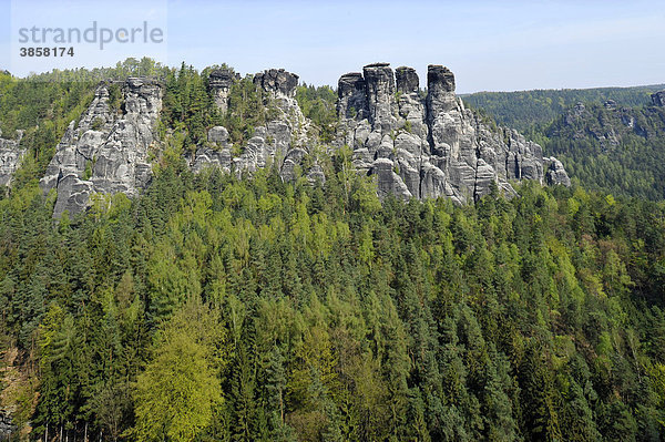 Blick über die Felsformationen der Bastei  Sächsische Schweiz  Elbsandsteingebirge  Freistaat Sachsen  Deutschland  Europa