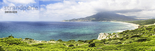 Blick über die Bucht von Buggerru an der Westküste Sardiniens im Frühjahr  Provinz Iglesiente  Sardinien  Italien  Europa