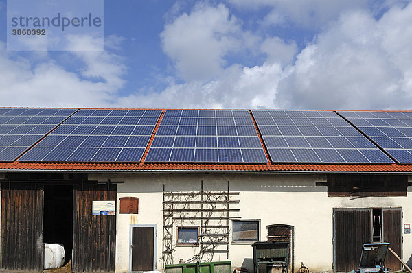 Fotovoltaikanlage auf dem Dach eines Kuhstalles  Nuschelberg  Mittelfranken  Bayern  Deutschland  Europa