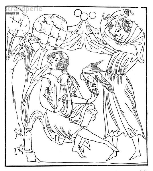 Rivalin in Liebesbanden  Miniatur  Münchener Handschrift des Tristan von Gottfried von Straßburg  historische Abbildung aus Deutsche Literaturgeschichte von 1885