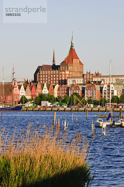 Blick auf Altstadt mit Marienkirche über die Warnow mit Stadthafen  Hansestadt Rostock  Mecklenburg-Vorpommern  Deutschland  Europa