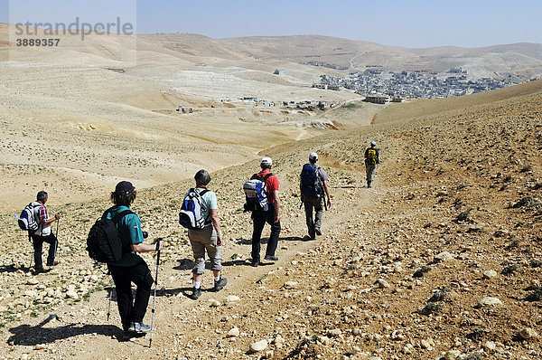 Wanderer in der Wüste vor dem Dorf Djabadin nahe Maalula  Syrien  Naher Osten  Asien