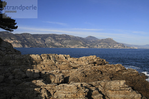 Blick auf die Küste zwischen Eze und Monaco von der Landspitze St. Hospice  Saint Jean Cap Ferrat  DÈpartement Alpes-Maritimes  RÈgion Provence Alpes CÙte d'Azur  Mittelmeer  Frankreich  Europa