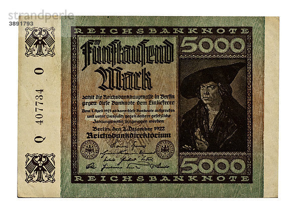 Vorderseite  Reichsbanknote über fünftausend Mark  Berlin  Deutschland  2. Dezember 1922  Reichsbankdirektorium