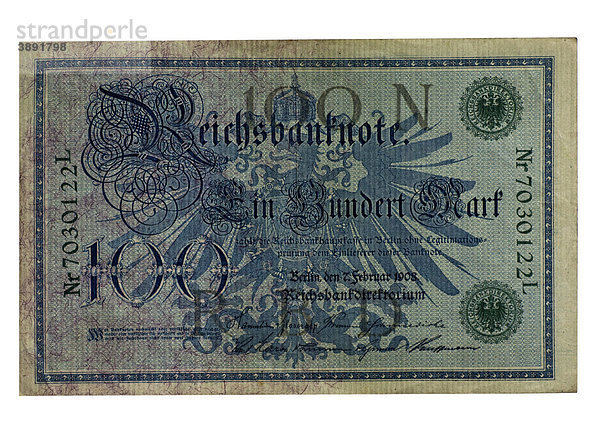 Vorderseite  Reichsbanknote über Ein Hundert Mark  Berlin  Deutschland  7. Februar 1908  Reichsbankdirektorium