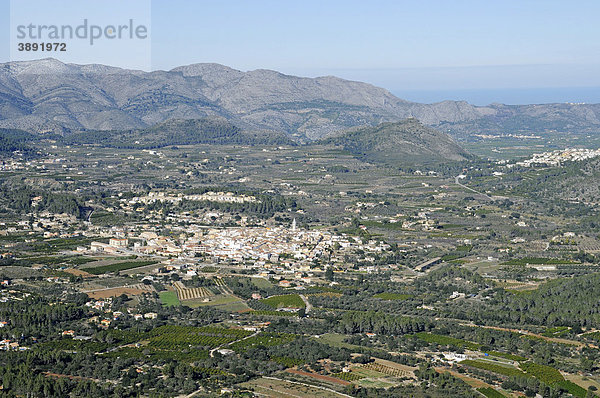 Übersicht  Aussicht  Blick vom Col de Rates  Gebirge  Parcent  Stadt  Vall de Pop  Pop Tal  Marina Alta Region  Costa Blanca  Provinz Alicante  Spanien  Europa