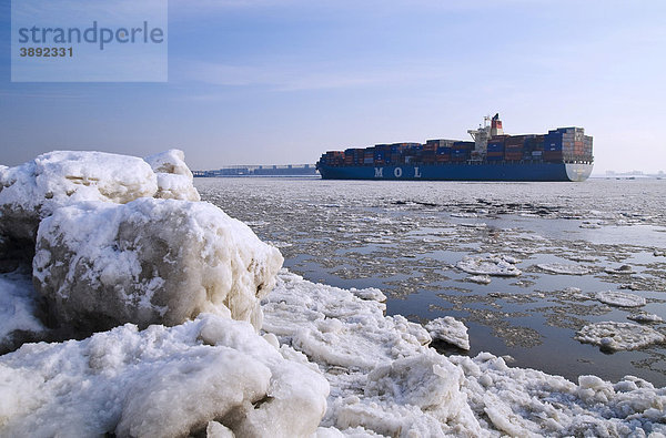 Ein Containerschiff fährt auf der winterlichen Elbe bei Blankenese  Hamburg  Deutschland  Europa