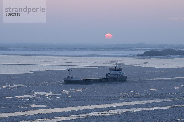 Ein Frachtschiff fährt bei Sonnenuntergang auf der winterlichen Elbe bei Blankenese  Hamburg  Deutschland  Europa