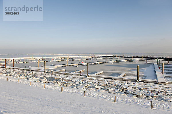 Der vollständig zugefrorene Sportboothafen von Wyk auf der Nordsee-Insel Föhr  Nationalpark Schleswig-Holsteinisches Wattenmeer  Nordfriesische Inseln  Schleswig Holstein  Norddeutschland  Europa