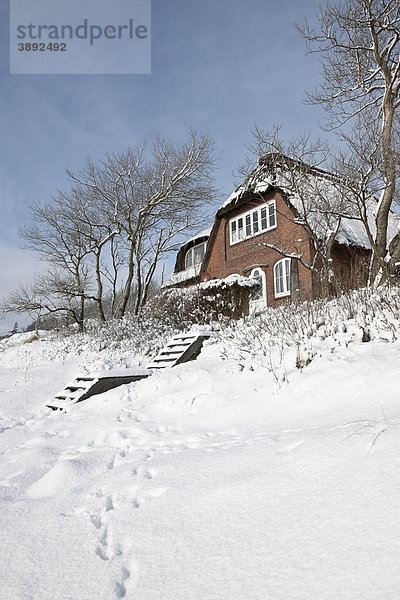 Ein verschneites Haus auf den Dünen von Wyk  Nordsee-Insel Föhr  Nordfriesische Inseln  Schleswig-Holstein  Norddeutschland  Europa