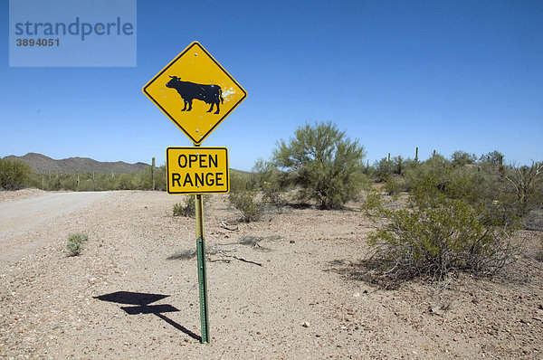 Open Range-Schild  Warnung vor freilaufendem Vieh in der Wüste  Süd-Arizona  USA