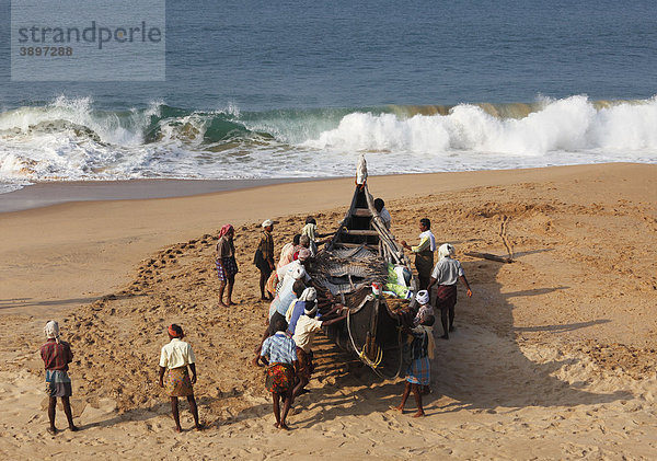 Fischer ziehen ihr Boot an Strand  südlich von Kovalam  Malabarküste  Malabar  Kerala  Südindien  Indien  Asien