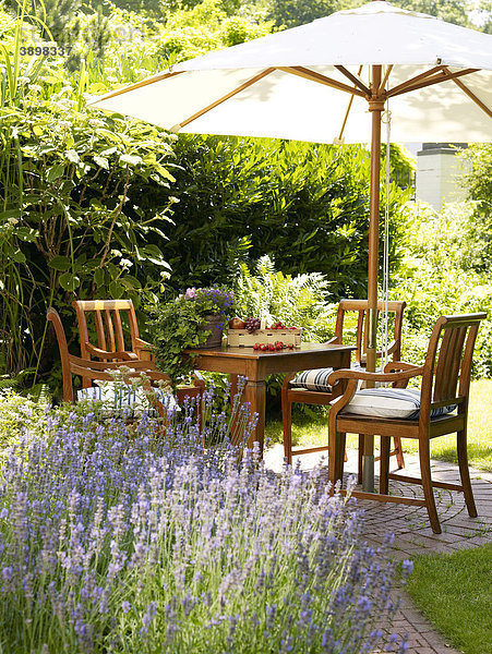Romantischer Gartentisch mit Lavendel-Sträuchern in stimmungsvollem Licht