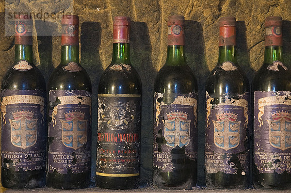 Alte  teure Weinflaschen im Weinkeller  La Taverna di San Giuseppe  Siena  Chianti  Toskana  Italien  Europa