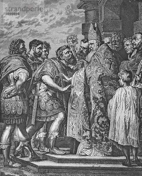 Der heilige Ambrosius belegt den Kaiser Theodosius mit dem Banne  historischer Stahlstich aus dem Jahre 1860