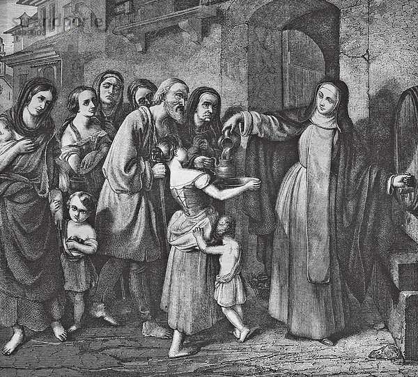 Katherina von Siena speist die Armen  historischer Stahlstich aus dem Jahre 1860