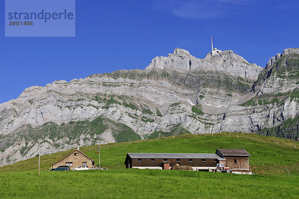 Bauernhaus vor dem Säntis  dem höchsten Berg im Alpsteingebirge  Kanton Appenzell  Schweiz  Europa