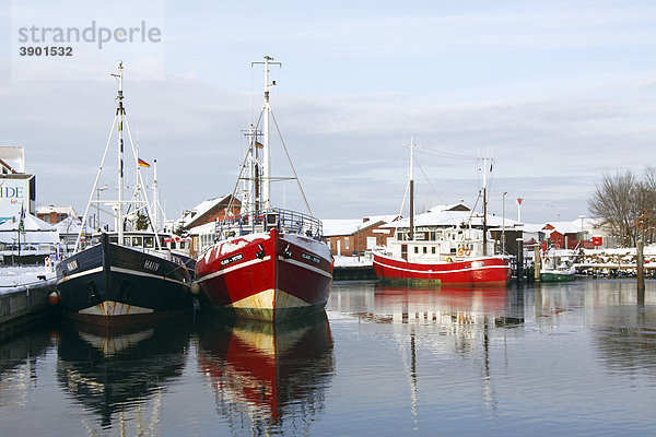 Fischkutter im Hafen von Heiligenhafen an der Ostseeküste im Winter  Kreis Ostholstein  Schleswig-Holstein  Ostsee  Deutschland  Europa