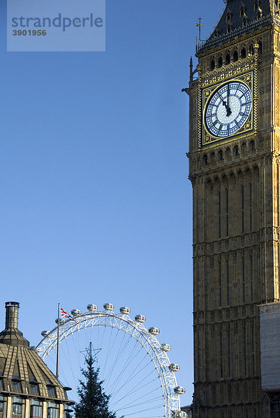 Big Ben und London Eye  Millennium Wheel  Riesenrad  Uhrturm  Houses of Parliament  London  England  Großbritannien  Europa