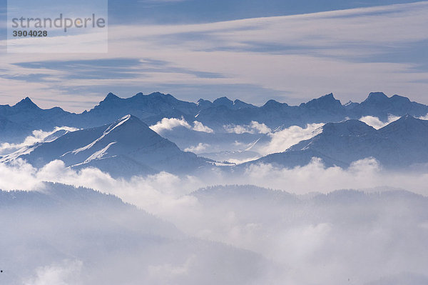 Wettersteingebirge im Nebel  Bayerische Alpen vom Wallberg  Oberbayern  Bayern  Deutschland  Europa