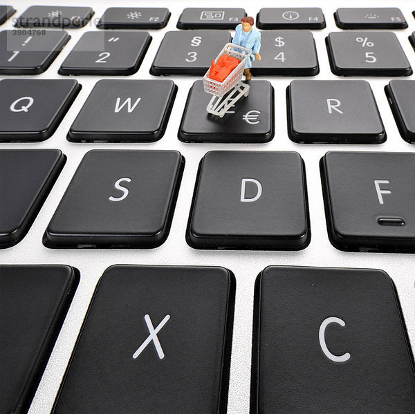 Miniaturfigur mit Einkaufswagen auf Tastatur  EURO-Zeichen  Symbolbild Online-Shopping