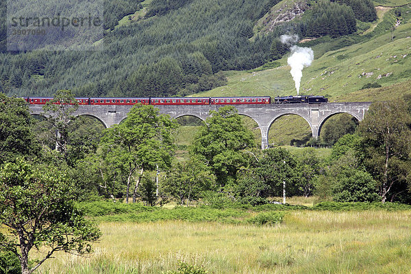 Brücke aus den Harry Potter Filmen mit historischem Zug  Jakobinerexpress  Glenfinnan  Schottland  Großbritannien  Europa