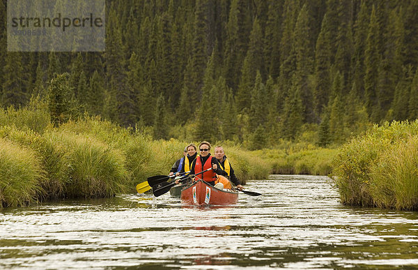 Paar  Mann und Frau paddeln ein Kanu  Kanufahren auf dem Caribou Creek  oberer Liard River Fluß  Yukon Territory  Kanada