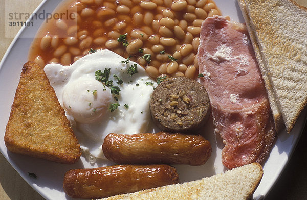 Full Irish Breakfast  Frühstück mit Bohnen  Ei  Speck  Schinken  Wurst und Toast  Gericht  Dublin  Irland  Europa