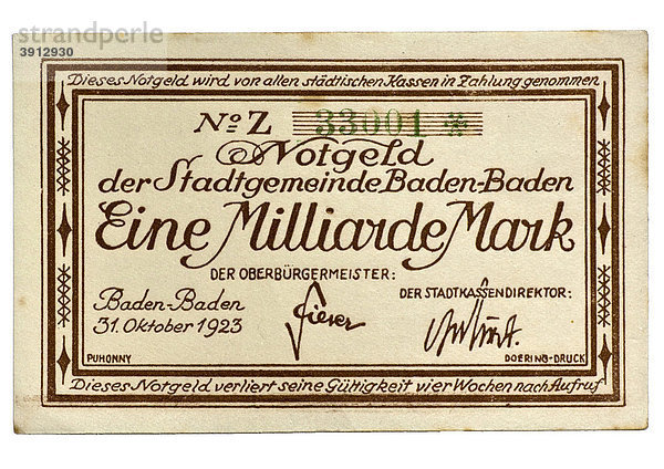 Notgeld der Stadtgemeinde Baden-Baden über Eine Milliarde Mark vom 31. Oktober 1923