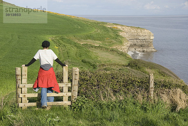 Frau steigt über Zaunübertritt  Blick auf Küste  Wandern  Llantwit Major  Wales  Großbritannien  Europa