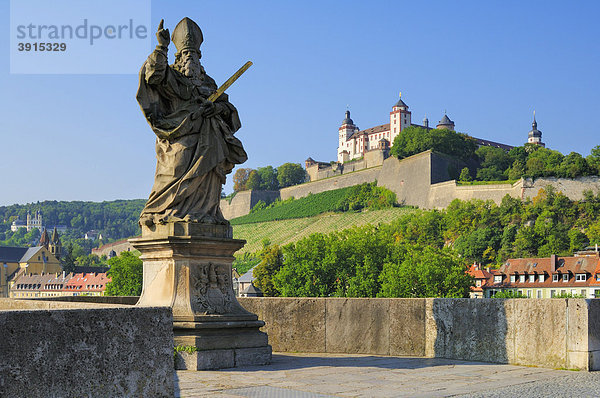 Festung Marienberg und Statue von St. Kilian auf der alten Mainbrücke  Würzburg  Bayern  Deutschland  Europa