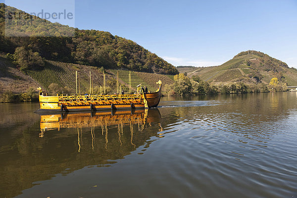 Die Stella Noviomagi  der Nachbau eines römischen Weinschiffes mit Touristen auf der Mosel  Neumagen-Dhron  Rheinland-Pfalz  Deutschland  Europa