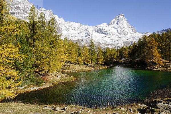 Matterhorn  4478 m  über dem Blauen See bei Breuil-Cervinia  Val Tournenche  Aostatal  Piemont  Italien  Europa